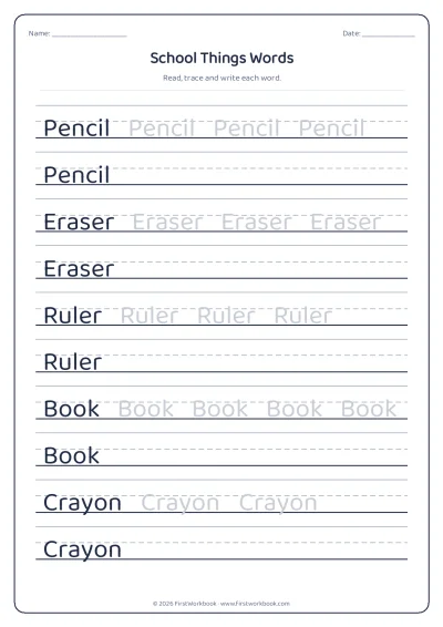 school things words tracing worksheet