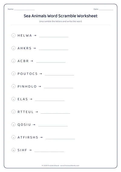 sea animals word scramble worksheet