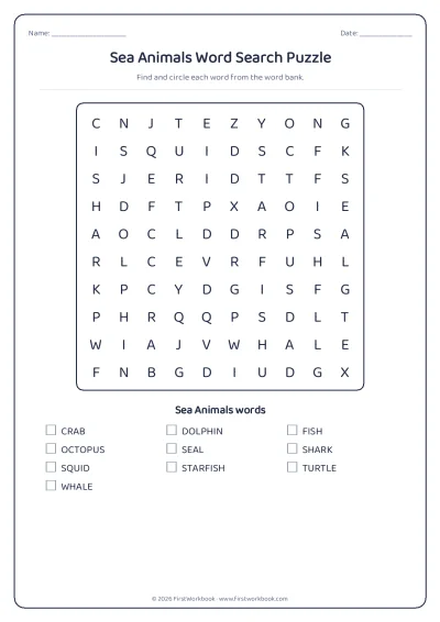 sea animals word search puzzle worksheet