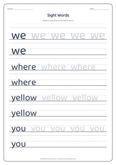 sight words tracing worksheet we, where, yellow, you