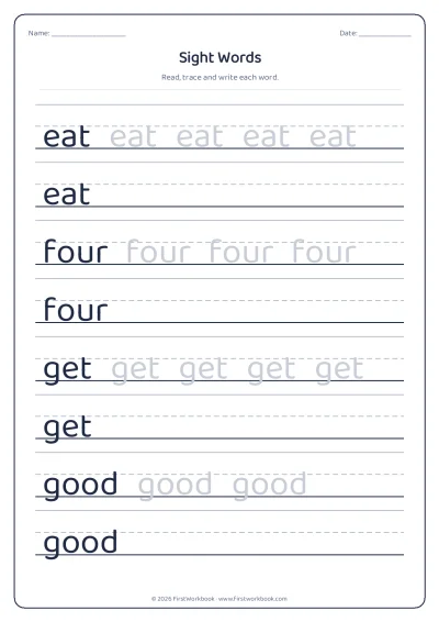 sight words tracing worksheet eat, four, get, good