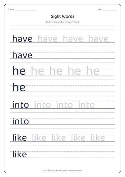 sight words tracing worksheet have, he, into, like