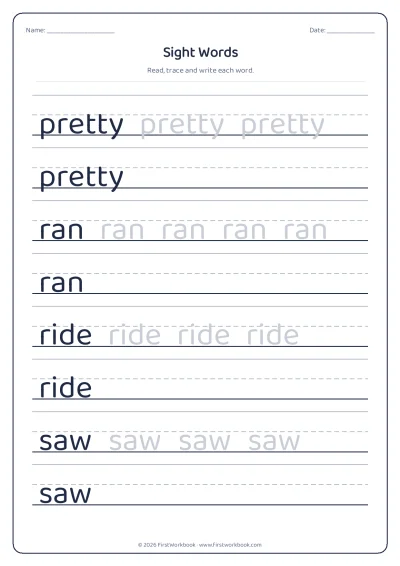 sight words tracing worksheet pretty, ran, ride, saw
