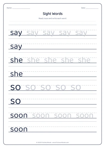 sight words tracing worksheet say, she, so, soon