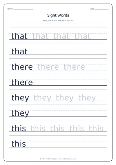 sight words tracing worksheet that, there, they, this