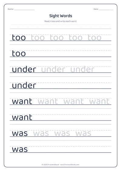 sight words tracing worksheet too, under, want, was