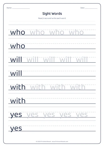 sight words tracing worksheet who, will, with, yes