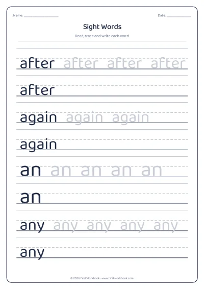 sight words tracing worksheet after, again, an, any