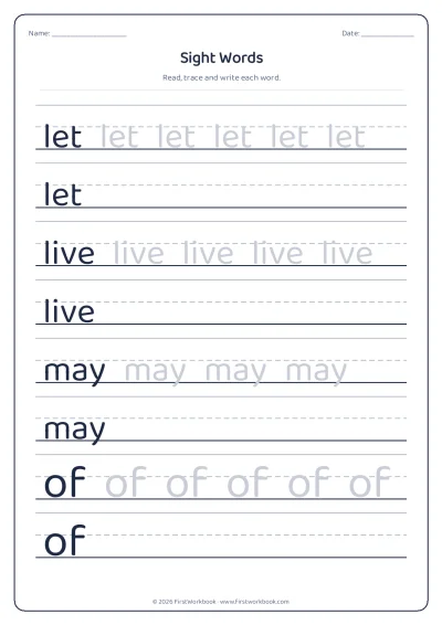 sight words tracing worksheet let, live, may, of