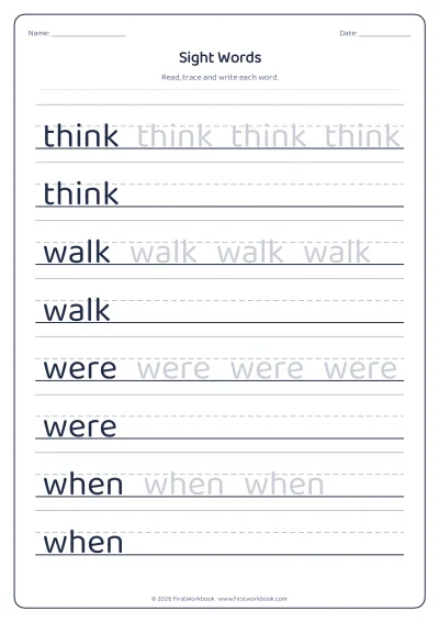 sight words tracing worksheet think, walk, were, when