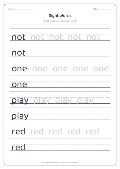 sight words tracing worksheet not, one, play, red