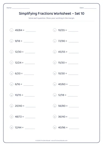 simplifying fractions maths worksheet