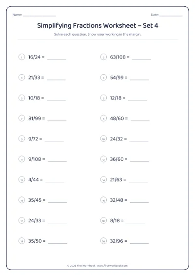 simplifying fractions maths worksheet