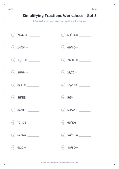 simplifying fractions maths worksheet