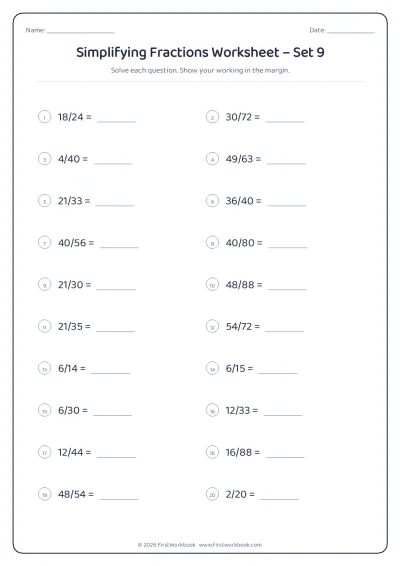 simplifying fractions maths worksheet