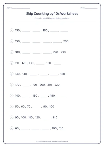 skip counting by 10s worksheet
