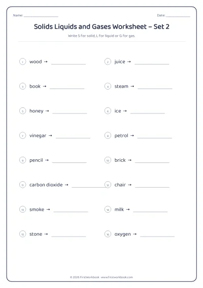 solids liquids and gases science worksheet for kids