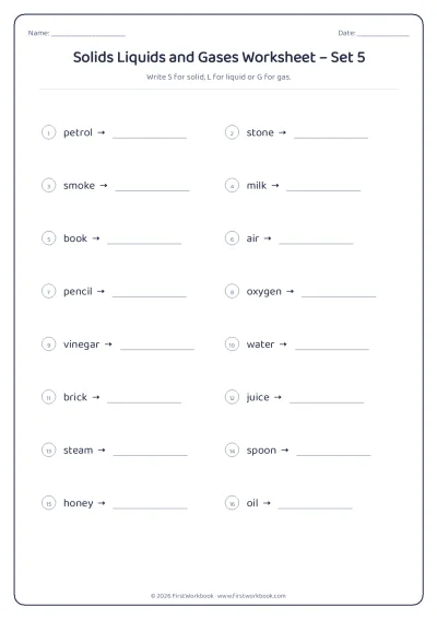 solids liquids and gases science worksheet for kids