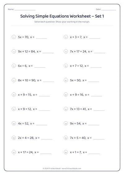 solving simple equations maths worksheet