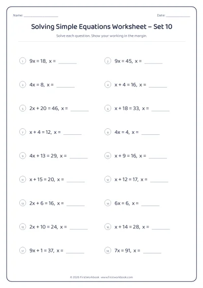 solving simple equations maths worksheet