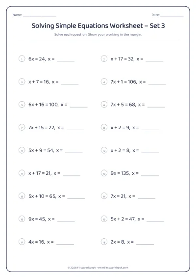 solving simple equations maths worksheet
