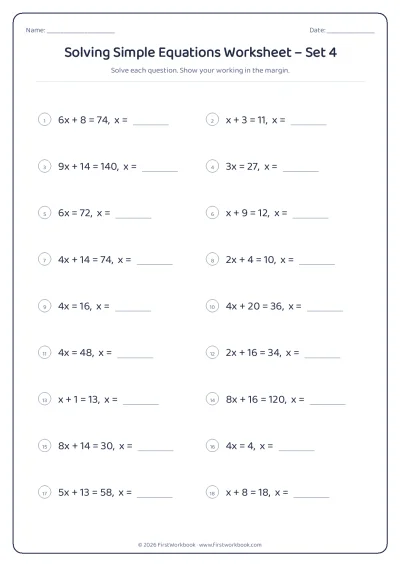 solving simple equations maths worksheet