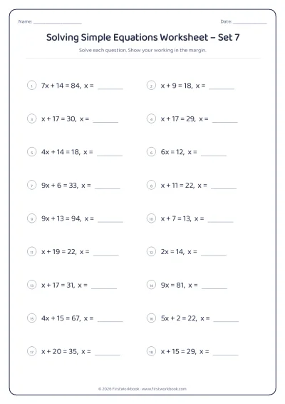 solving simple equations maths worksheet