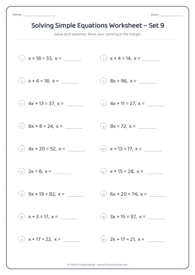 solving simple equations maths worksheet