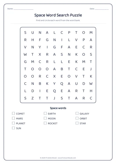 space word search puzzle worksheet