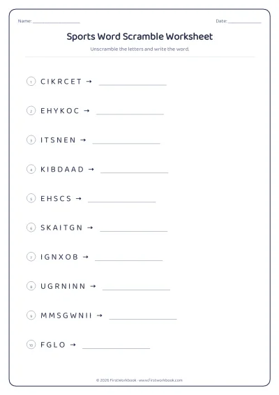 sports word scramble worksheet