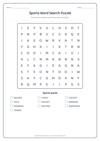 sports word search puzzle worksheet