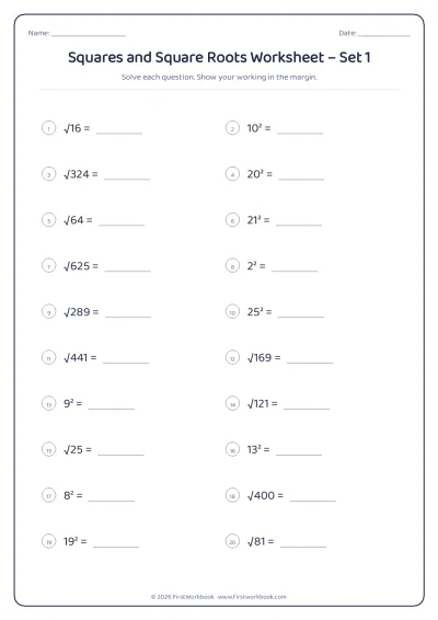 squares and square roots maths worksheet