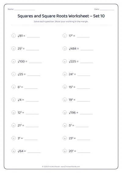 squares and square roots maths worksheet