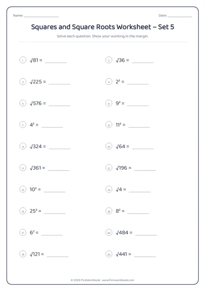 squares and square roots maths worksheet