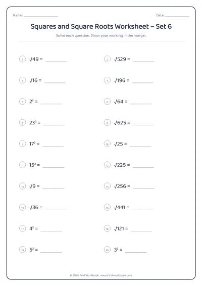 squares and square roots maths worksheet