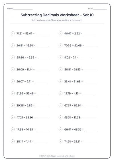 subtracting decimals maths worksheet