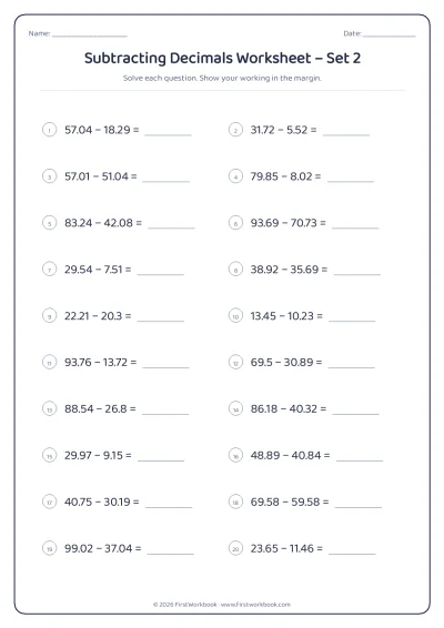 subtracting decimals maths worksheet
