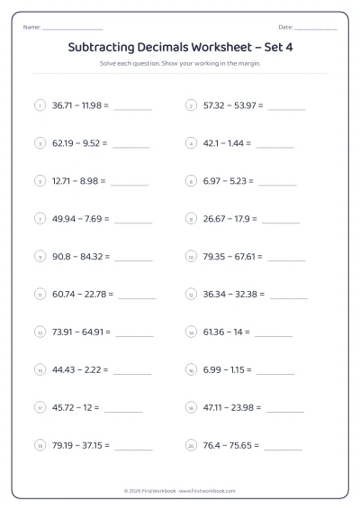 subtracting decimals maths worksheet