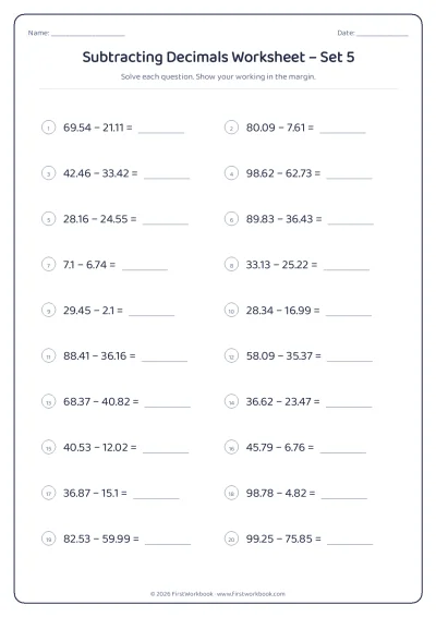 subtracting decimals maths worksheet