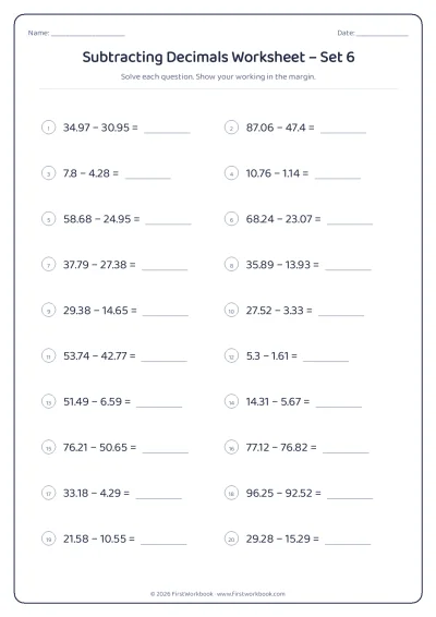 subtracting decimals maths worksheet