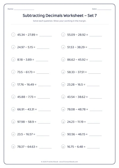 subtracting decimals maths worksheet