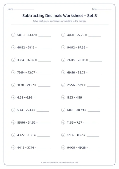 subtracting decimals maths worksheet