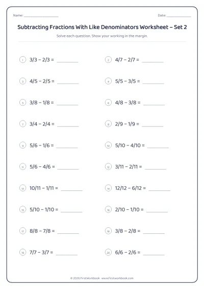 subtracting fractions with like denominators maths worksheet