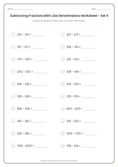 subtracting fractions with like denominators maths worksheet