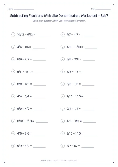 subtracting fractions with like denominators maths worksheet