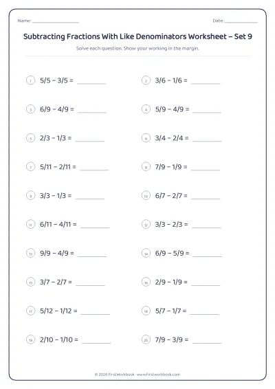 subtracting fractions with like denominators maths worksheet