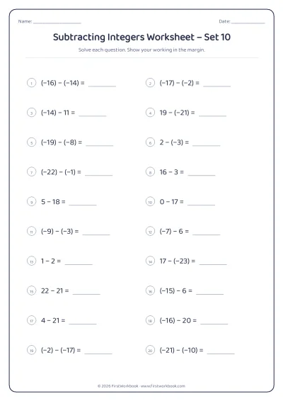 subtracting integers maths worksheet