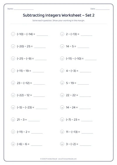 subtracting integers maths worksheet