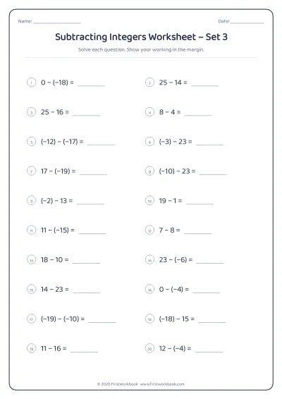 subtracting integers maths worksheet