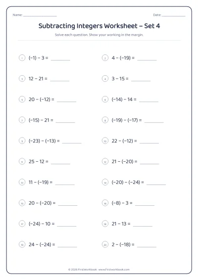 subtracting integers maths worksheet